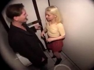 Elder Guy Convince Sweet Blonde Teen To Give Him Blowjob In Public Toilette