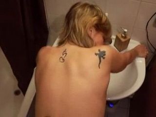 Mature Blonde Slut Fucked By Young Stud Over The Toilet Seat