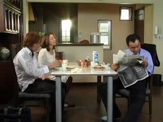 While Dad Reads Newspaper Mom Mari Aoi Abuse Her Son Under Table and gets Fucked Later